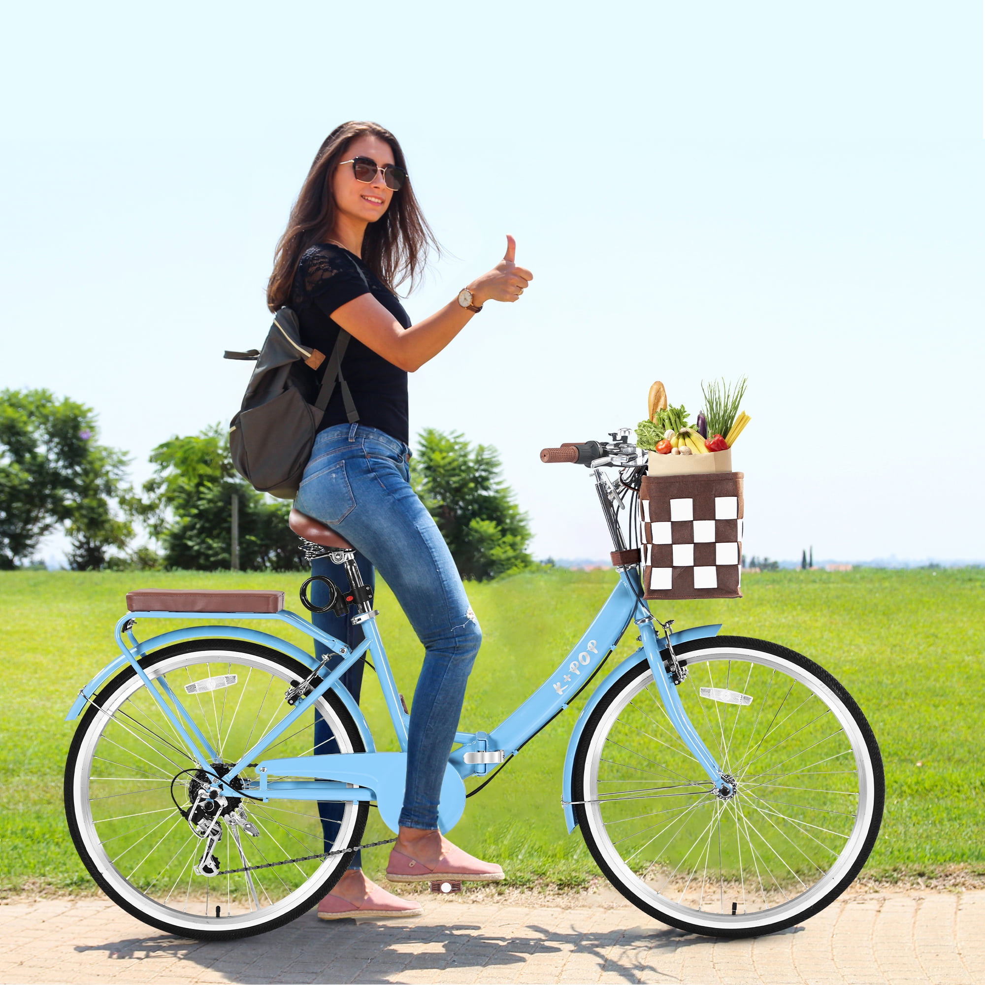 Folding Women Bicycle 26 Inch, 7 Speed Beach Cruiser Bike for Women, High Carbon Steel Frame Ladies Bicycle with Basket& Rear Rack, Commute Bike for Women Adults, Multiple Colors