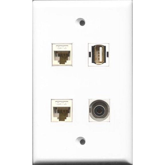 RiteAV 1 Port USB A-A and 1 Port 3.5mm 2 Port Cat6 Ethernet White Wall Plate