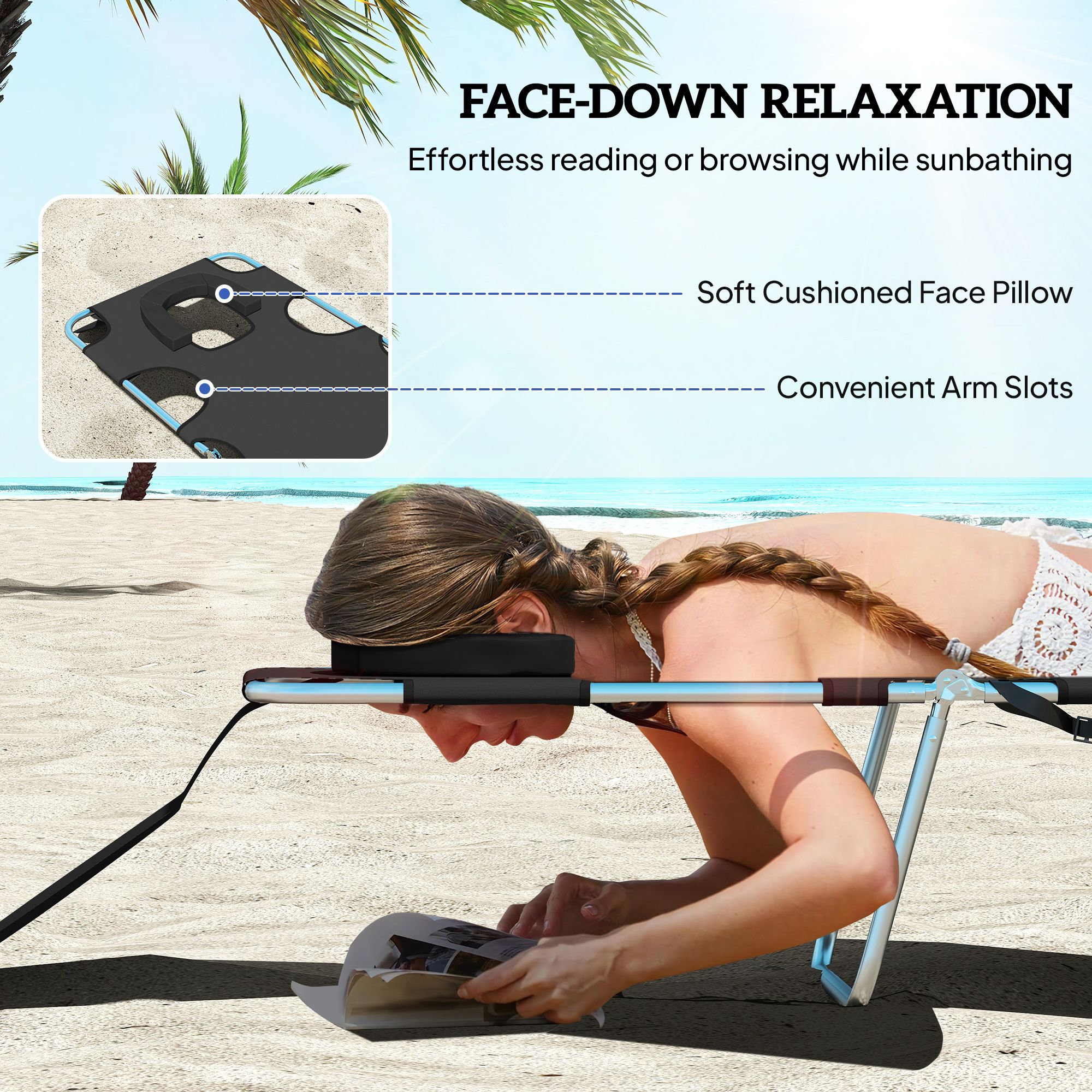 5-Position Reclining Face-Down Tanning Lounge Chair, Tri-Fold Beach Chaise Lounge with Face Hole, Side Storage Pocket, Powder Coated Steel Frame Holds 264 LBS for Patio Pool Outdoor Sunbathing