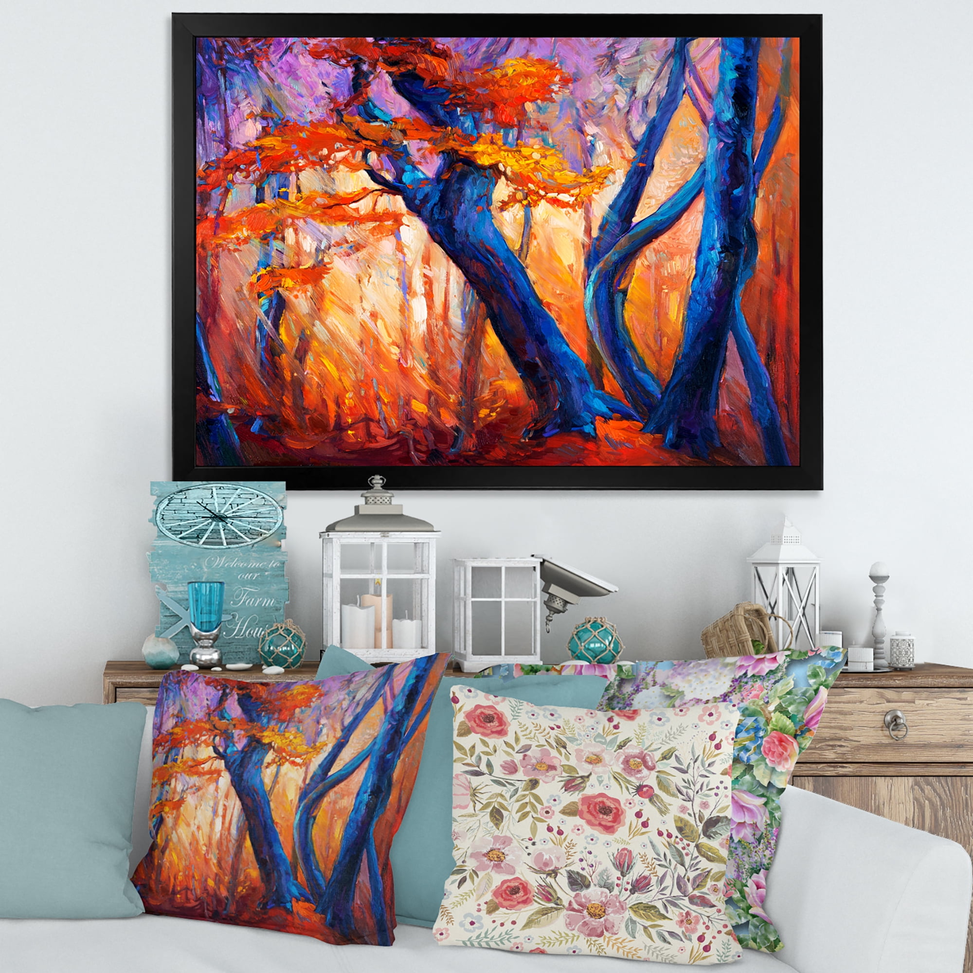 Designart 'Abstract Blue Silhouettes Of Trees In Orange Autumn Forest' Farmhouse Framed Art Print
