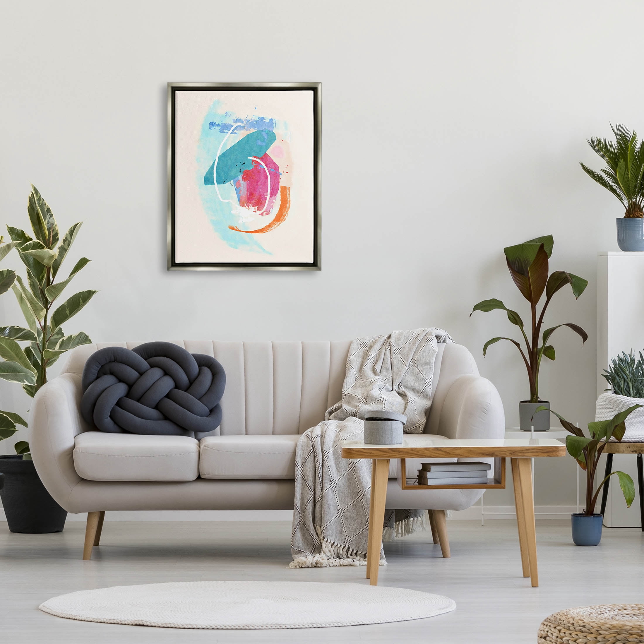 Modern Blue Pink Shapes Abstract Graphic Art Luster Gray Framed Art Print Wall Art