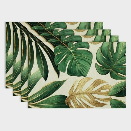 

Pratyus Leaf Pattern Gold Border Linen Cloth Placemat Set of 4 for Birthday Parties Christmas Restaurants Buffets & Home Decoration 18x12in