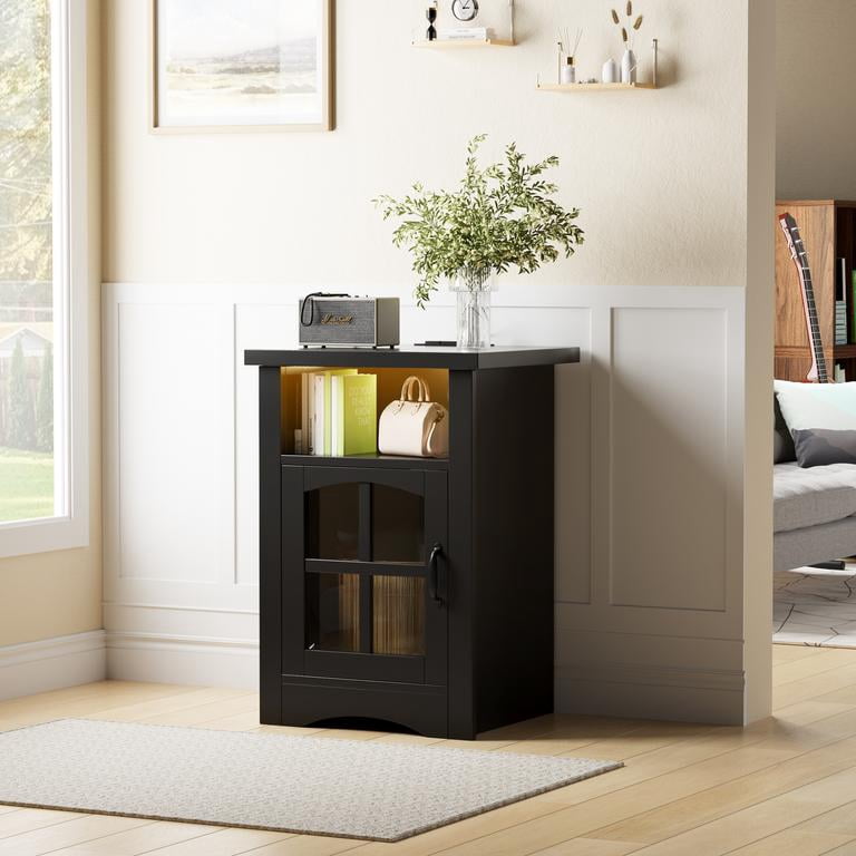 Lacoo End Table with LED Lights & Power Outlet, Side Table with Glass Door for Living Room, Nightstand with Storage for Bedroom, Black