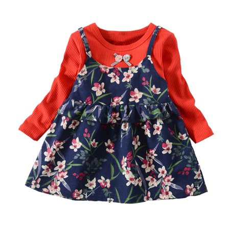 

Toddler Baby Girl s Autume Long Sleeve Crewneck Fake Two Piece Floral Tutu Dress Outfits