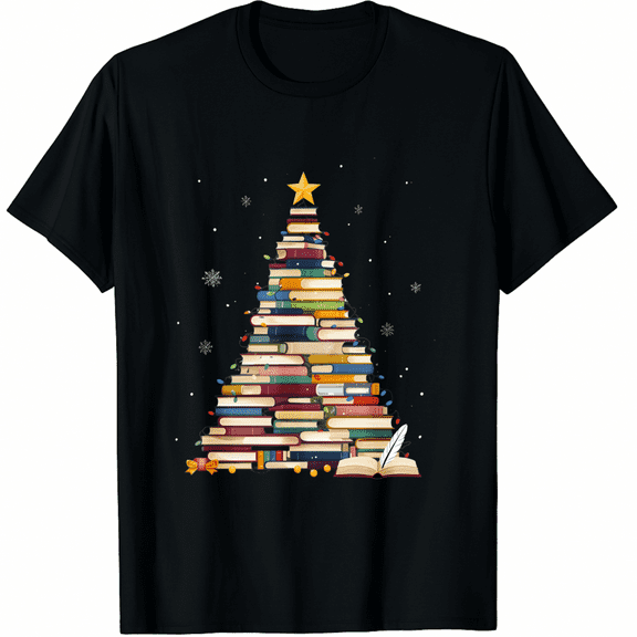 Christmas Shirts Funny Christmas Books Tree T-Shirt Teachers Xmas T Shirt Book Lovers Short Sleeve Holiday Tops for Men and Women