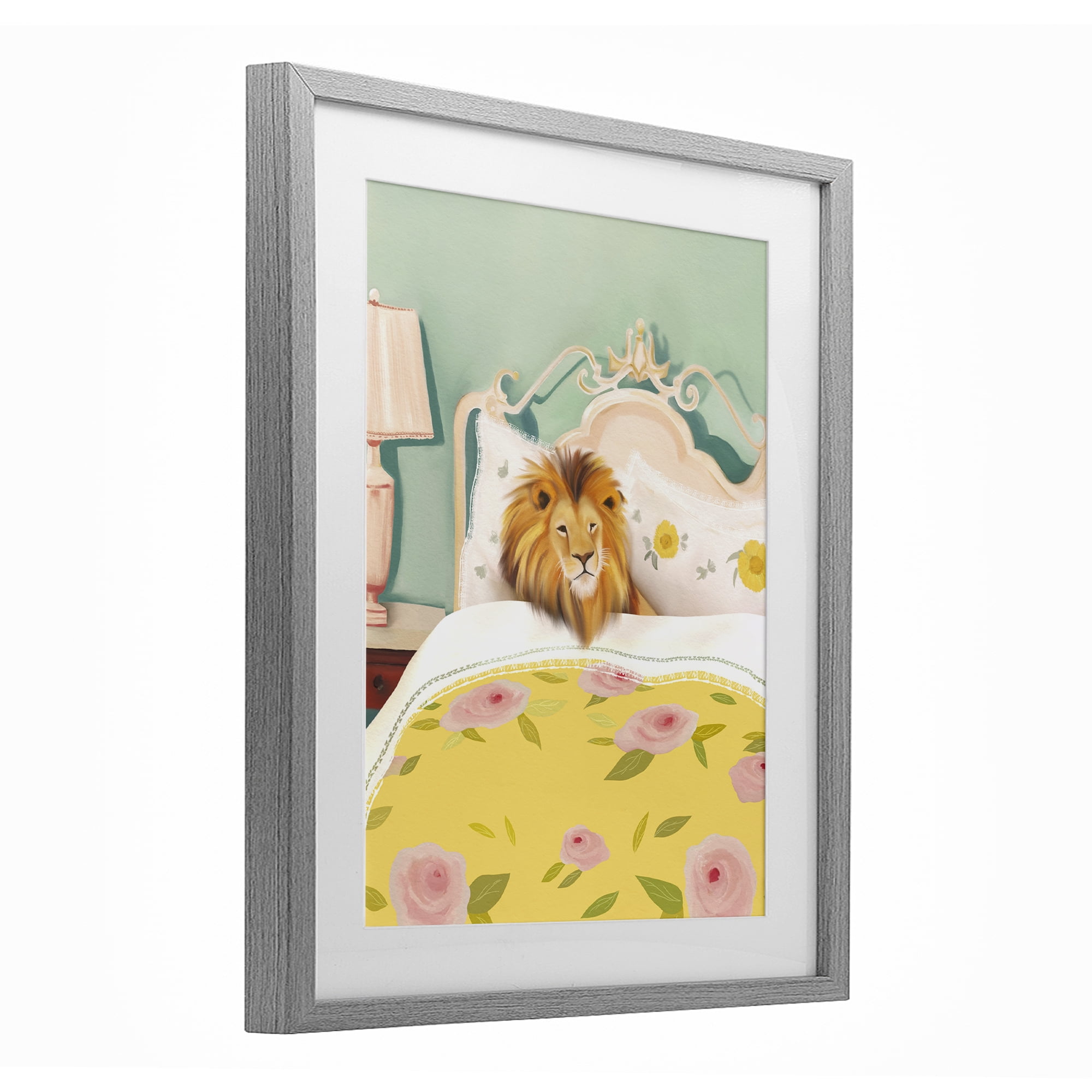 Good Morning Lion in Bed Gray Framed Print Under Glass, design by Leah Straatsma
