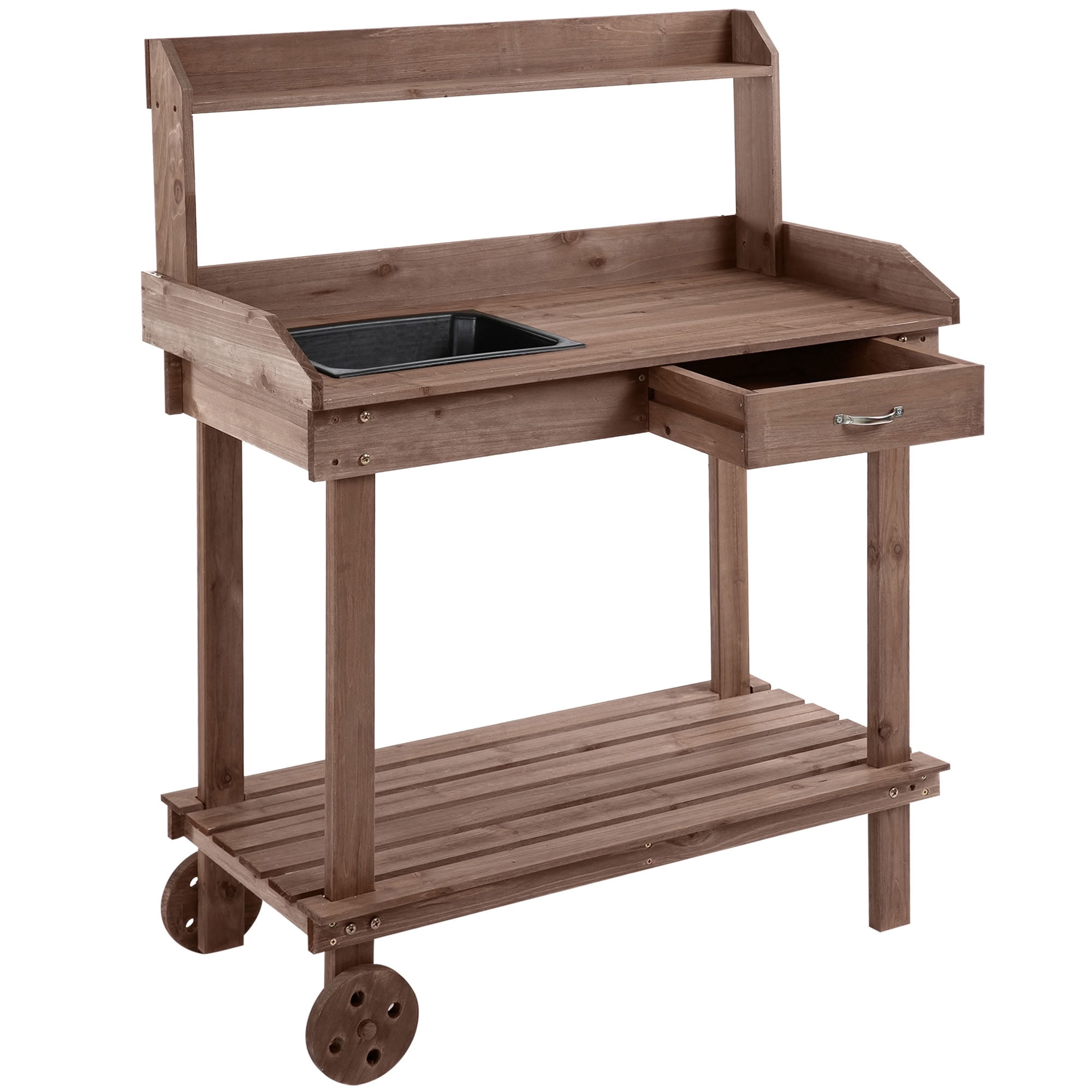 MAYEERTY 36" Wooden Potting Bench, Outdoor Garden Workstation with Removable Wheels, Sink, Drawer for Backyard, Patio, Deck