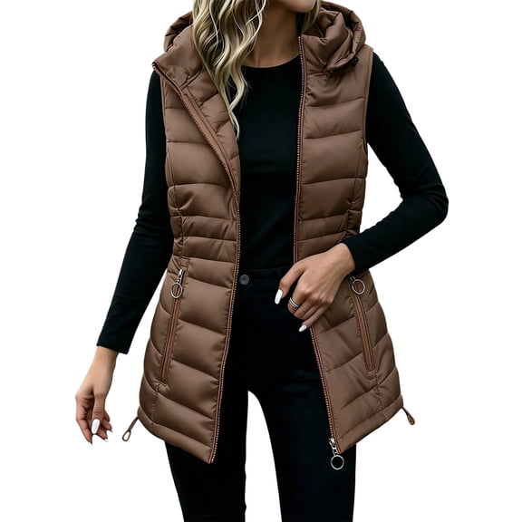 Ghalytn Women's Hooded Puffer Vest, Sleeveless Zip-Up Quilted Jacket with Drawstring Hem and Pockets
