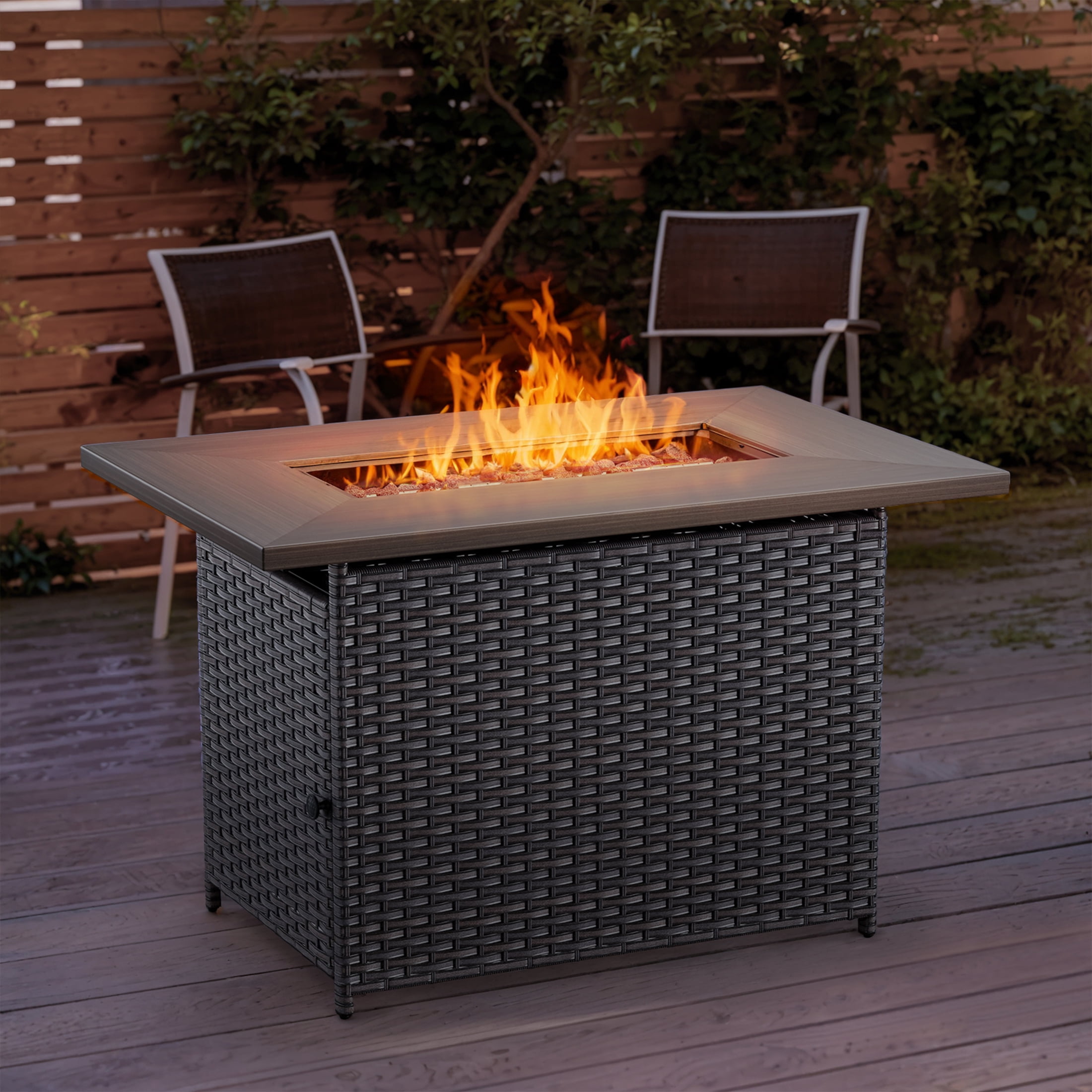 POCASSY 41" Propane Fire Pit Table - 50,000 BTU Metal Fire Pit with Removable Lid, Metal Table Top, for Porch Deck Garden, Brown