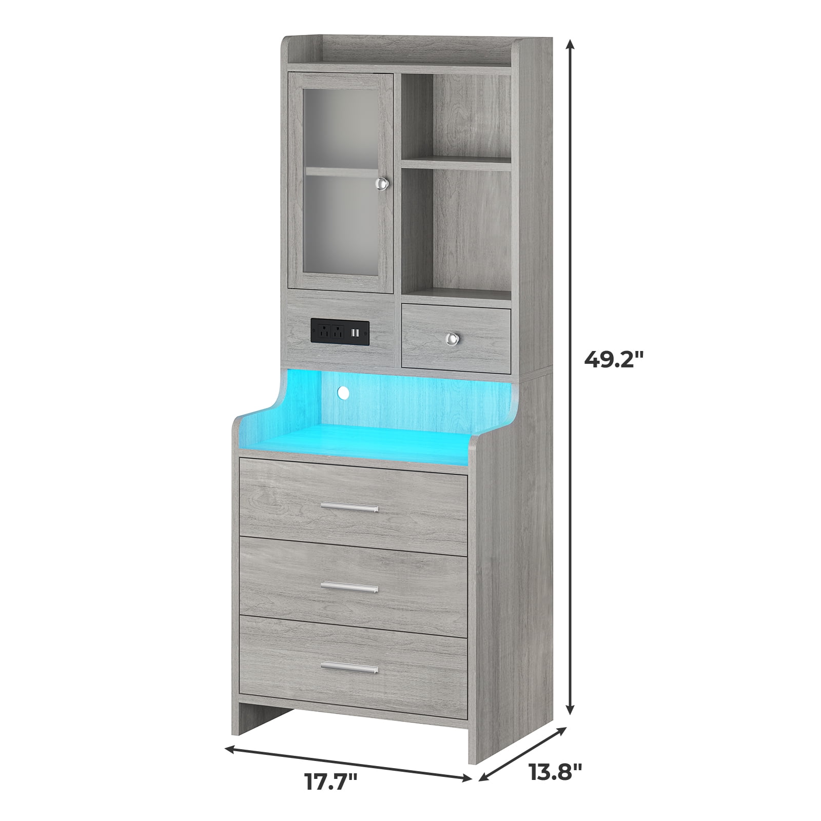 Afuhokles Tall Nightstand Set of 2 with Charging Station for Bedroom, Bedside Table with 4 Drawers, LED Night Stand with Bookshelf, Gray
