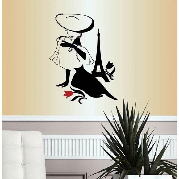 Wall Vinyl Decal Home Decor Art Sticker Fashion Retro Woman in Big Hat Paris Aiffel Tower Style Boutique Beauty Salon Room Removable Stylish Mural Unique Design 1763