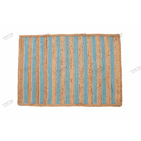 Natural Jute Area Rug Hand Braided Rug Cyan Scalloped Rectangle Rug