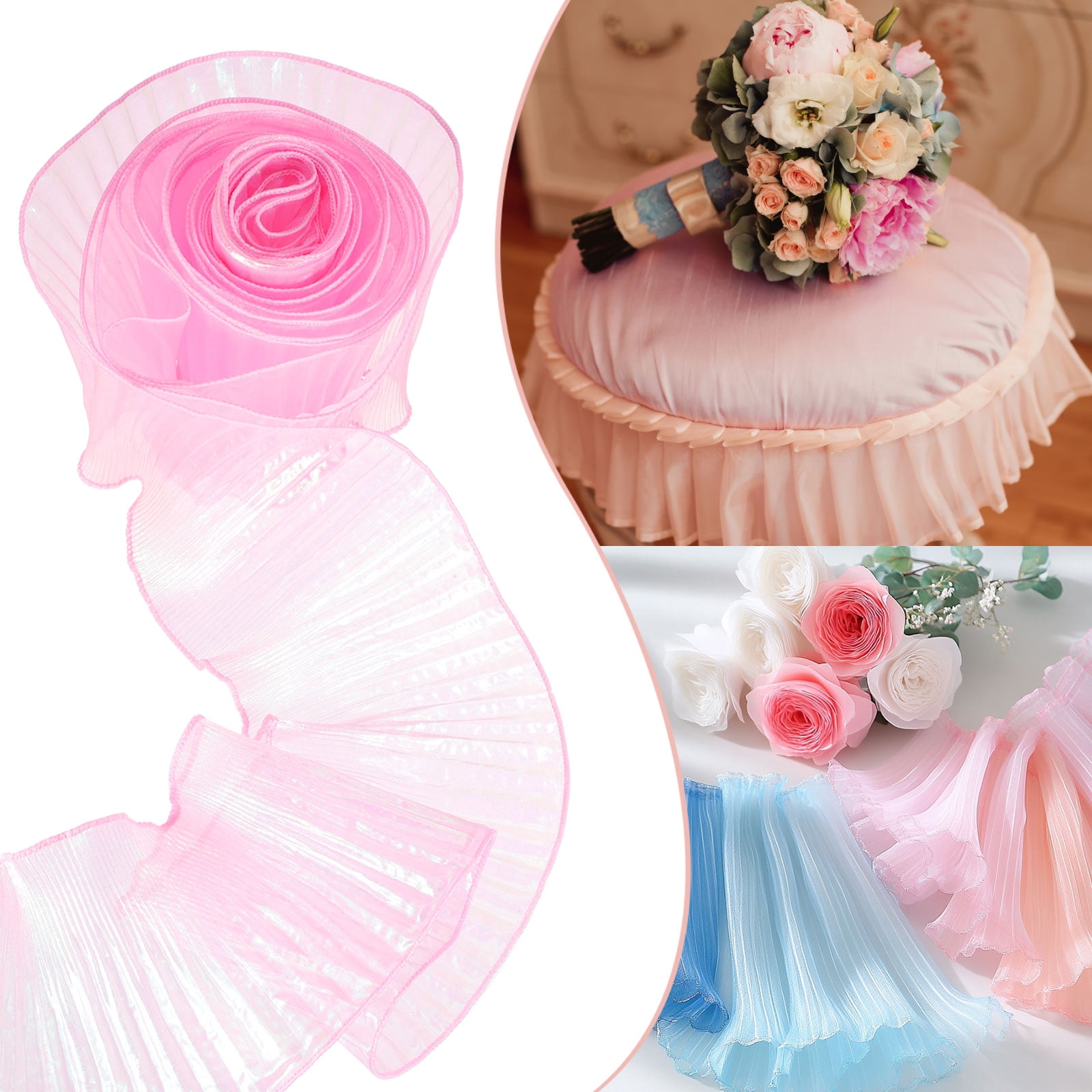5.5" x 11 Yards Ruffle Pleated Organza Trim Iridescent Pleated Lace Trim Ribbon for DIY Craft Dress Clothing Wedding Gift Home Decoration, Pink