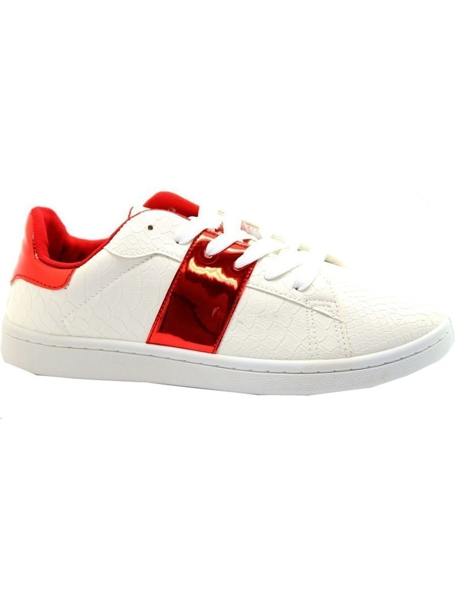 white sneakers with red back