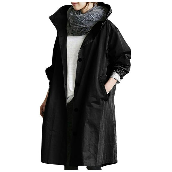 Fshiont Long Rain Jacket Women Waterproof Rain Coats with Hood Lightweight Windbreaker Outdoor Trench Coat Raincoat Black 2XL