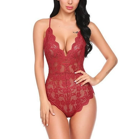 Women Deep V Sexy Lace Bodysuit Sna-p Crotch Lingerie Teddy One Piece Babydoll