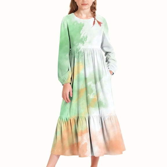 BRGZLK Girls Tie Dye Gradient Print Dresses Summer Casual Long Sleeve Round Neck Maxi Long Dress Holiday Dresses with Pocket Birthday Gift for Girls Green 14-15 Years