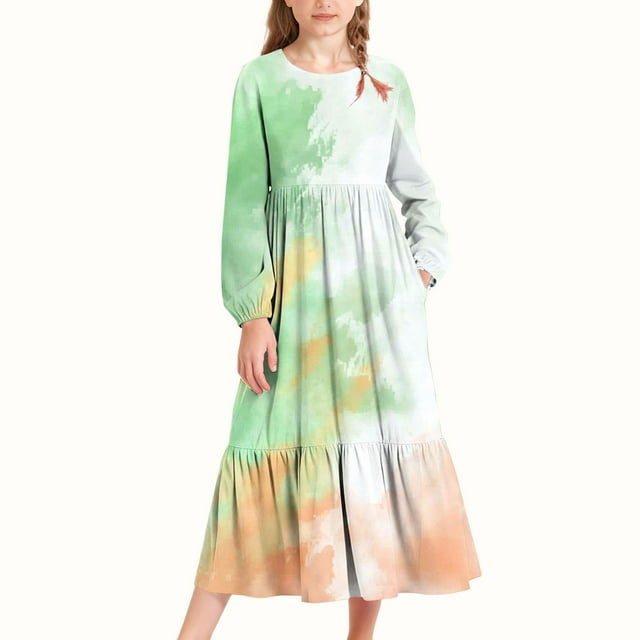 Vestido infantil de poliéster con estampado degradado, manga larga, cuello redondo, bolsillos laterales, falda larga para niña