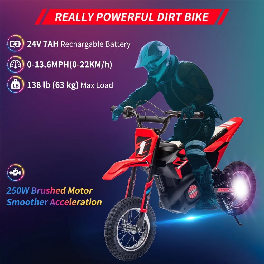 Historyli Ride On Electric Motorcycle-24V 250W Motor 13.6MPH Fast Speed Dirt Bike-Leather Seat Battery Powered Off-Road Bike,Twist Grip Throttle,Metal Suspension,Air-Filled Tires-Red