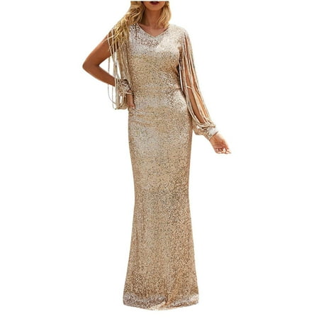 

jsaierl Sequin Dress for Women V-Neck Fringe Long Sleeve Maxi Dresses Bodycon Formal Prom Elegant Dress Evening Party Club Date Night Sparkly Dress