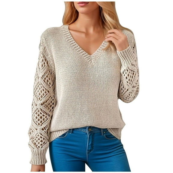 YUGYXL Womens Hollow Knit Long Sleeve Sweater Casual V Neck Pullover Fall Winter Sweater Gray S