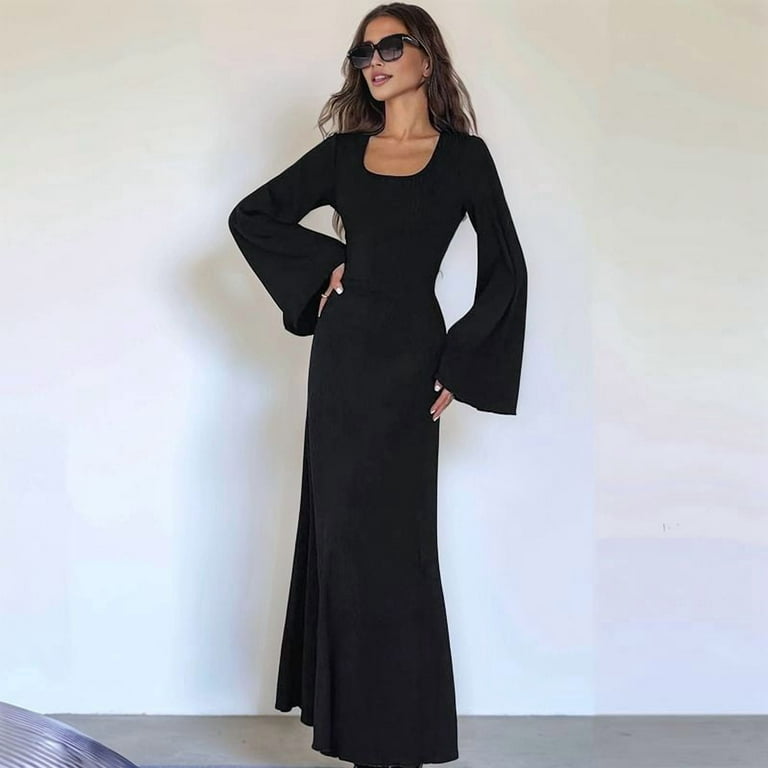 flare bodycon dress High Quality Stand Collar Flare Sleeve Big Swing Ribbed Bodycon Dress Blue / L