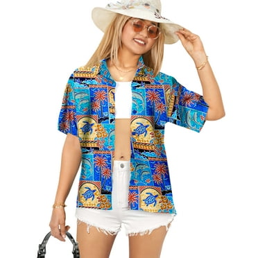 HAPPY BAY Women's Casual Beach Short Sleeve Blouse Shirt Collared Blouses Button Up Dress Tee Shirts Hawaiian Tops for Women XL Dolphin Turtle, Blue