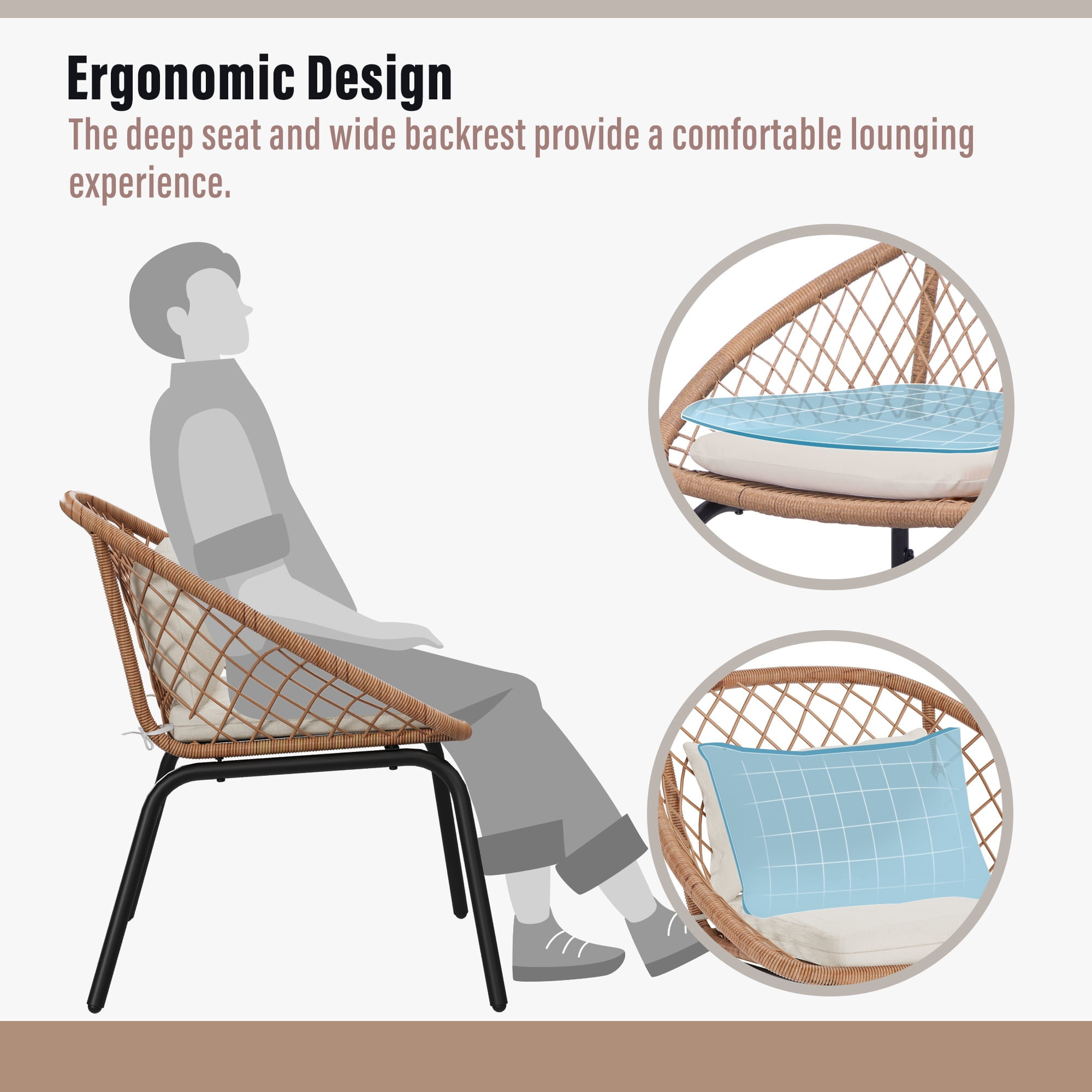LAUSAINT HOME 3 Pieces Patio Bistro Set, Outdoor Conversation Furniture with 2 Chairs and 1 Coffee Table, Diamond Weave Design