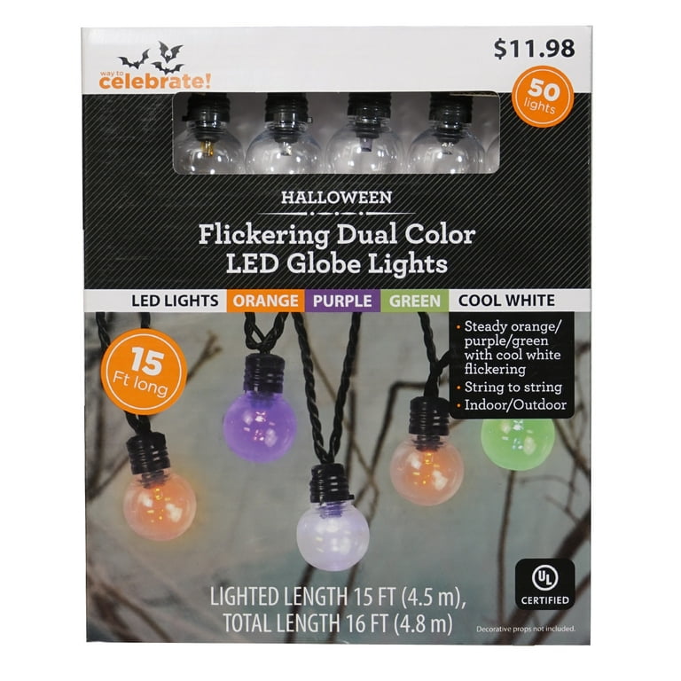 Halloween 50-Count Indoor/Outdoor Multicolor Flickering Dual Color LED  Globe Lights with AC Adaptor, 15\', by Way To Celebrate