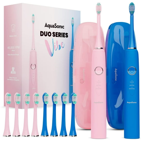 Aquasonic Vibe Duo - Cepillos de dientes eléctricos de carga rápida de 40.000 VPM ultrablanqueantes con doble mango - 3 modos con temporizadores inteligentes - 10 cabezales de cepillo Dupont y 2 estuc