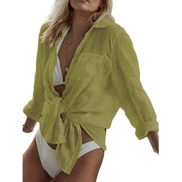 Grianlook Long Sleeve Bathing Suit Cover Ups for Women Button Up Blouse Shirt Casual Summer