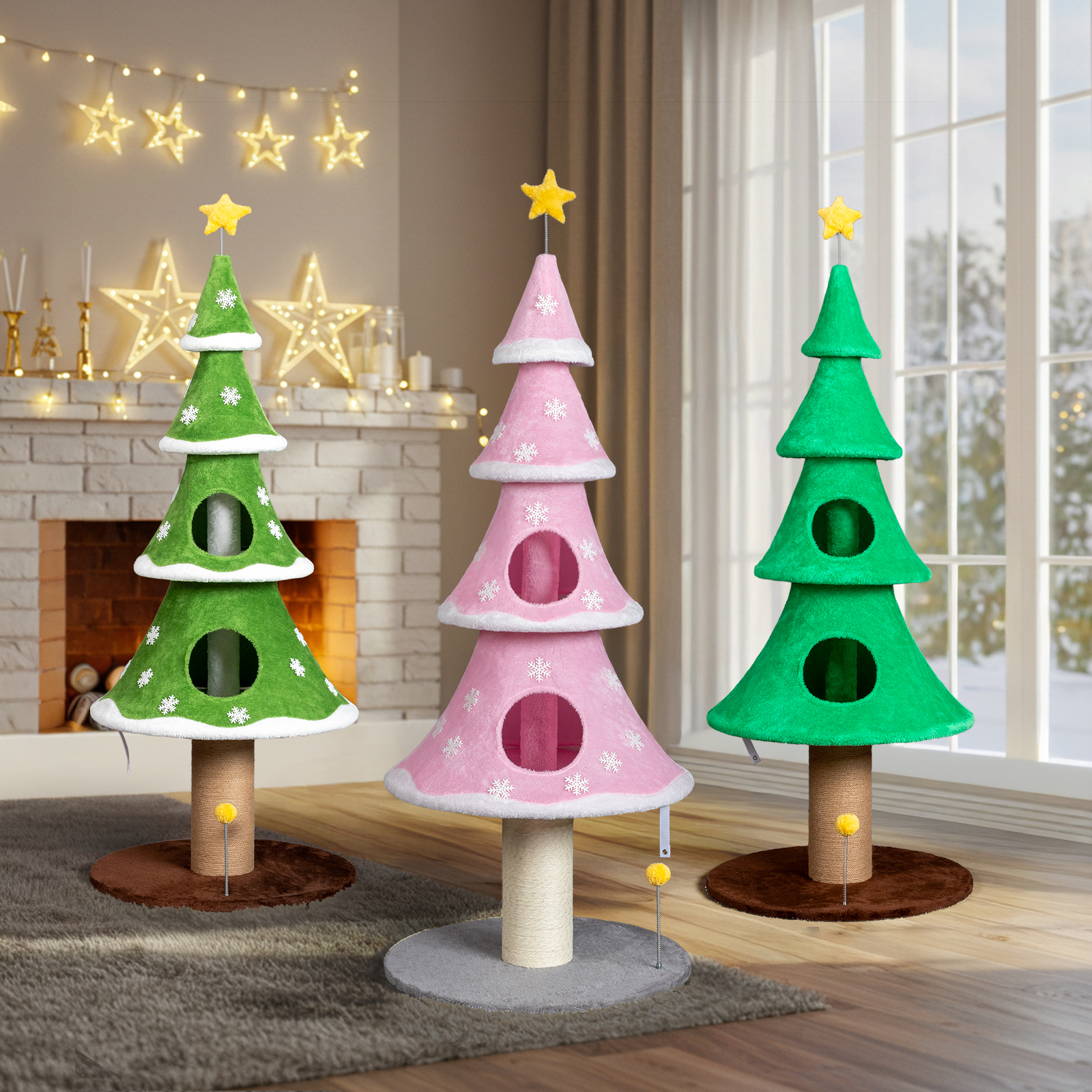 Ktaxon 59in Large Christmas Tree Cat Tower with 2 Condos, Scratching Post, Soft Fleece, Teaser Toy & Sturdy Base, Pink