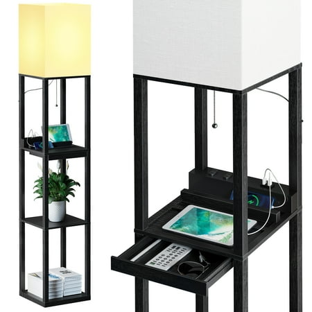 SUNMORY Floor Lamp with Shelves,Modern Dimmable Solid Wood Standing Lamp with 1 Drawer and 2 USB Ports & 2 Power Outlet,Corner Tall Bookshelf Lamp for Living Room and Bedroom(Black)