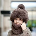 thumbnail image 2 of lnmuld Solid Kids Pom Pom Fuzzy Trapper Hat Integrated Neck Warmer Windproof Winter Hat for Boys Girls Coffee,One Size, 2 of 4