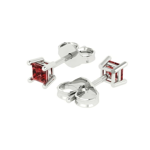0.5 Ct Princess Cut Studs Red Natural Garnet 14K White Solid Solid Gold Everyday Dainty Earrings Push Back