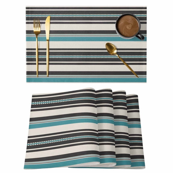 Green Black Striped Placemats Set of 6, Farmhouse Vintage Stripe Placemats for Dining Table, Place Mats for Kitchen Tabletop, Waterproof Wipeable Dining Table Mats Set