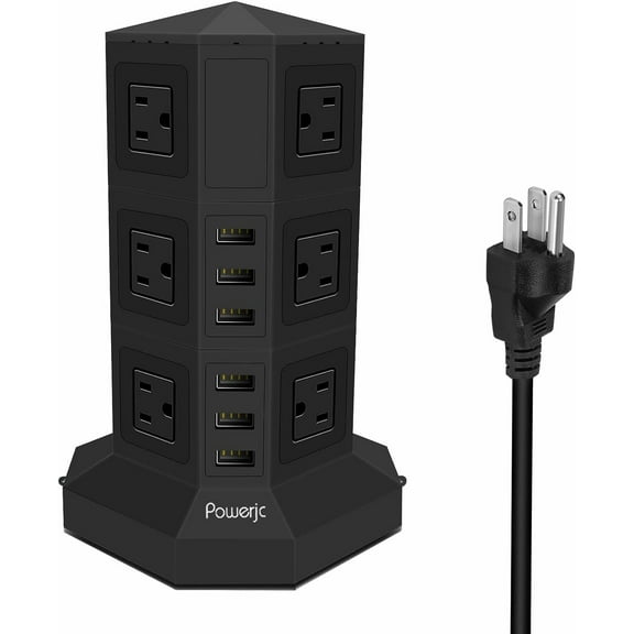 Powerjc Tower Power Strip Surge Protector Socket 12 AC Outlets Smart 6 USB Ports Chargers 10 Feet Long Extension Cord Indoor Black