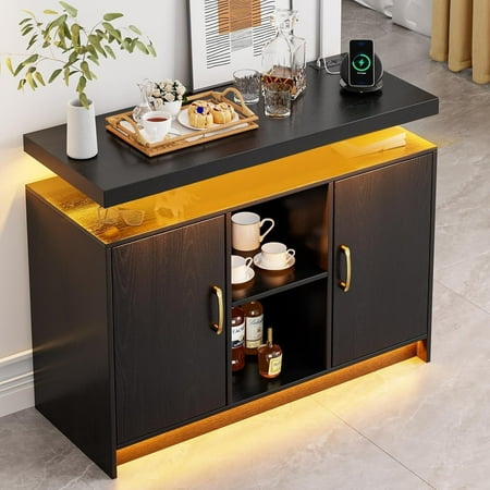 

Buffet Cabinet with LED Lights and Charging Station 40 Floating Kitchen Buffet Storage Cabinet with Doors & Adjustable Shelves Black Coffee Bar Buffet Serving Table for Kitchen