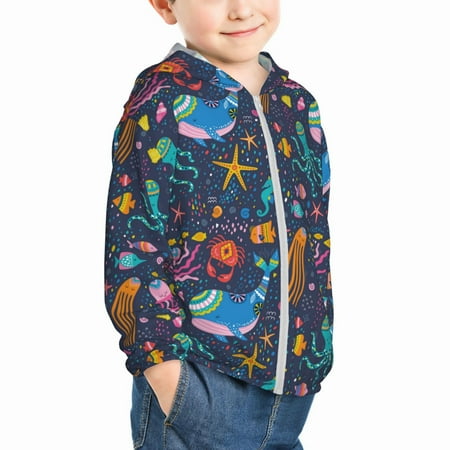 

Uemuo Marine Inhabitants Pattern Rash Guard for Boys Girls Long Sleeve Swim Shirts UPF 50+ UV Sun Protection Hooded Fishing Shirt with Pocket for Kid-4 Years