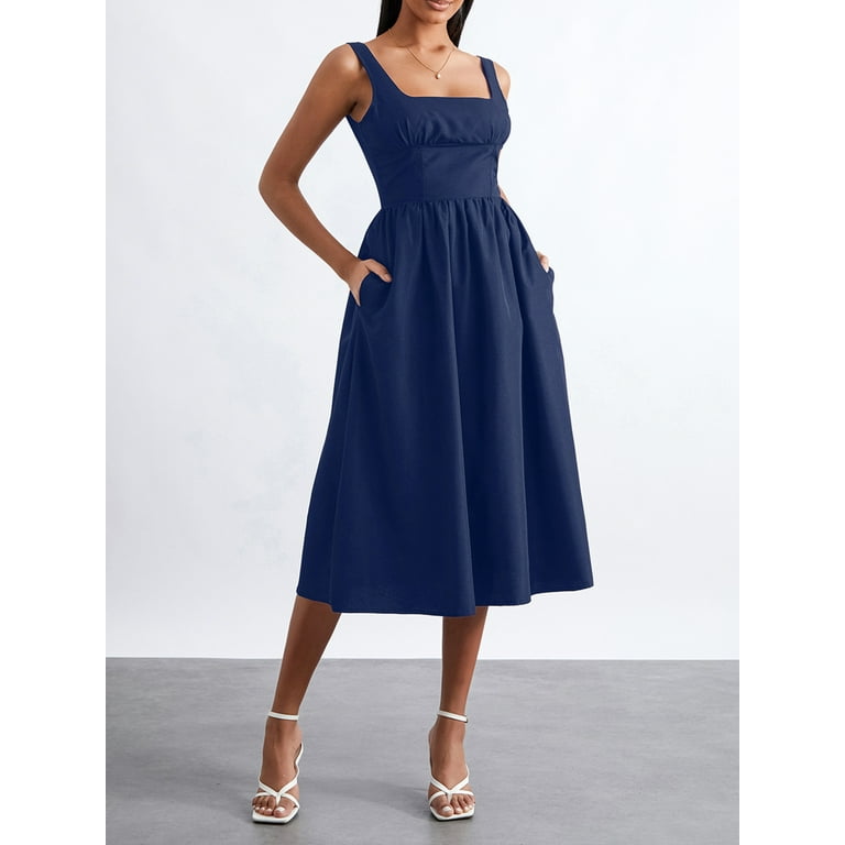 Women Summer Midi Cami Dress Sleeveless Backless Solid Color High Waist  Party Dress - Walmart.com