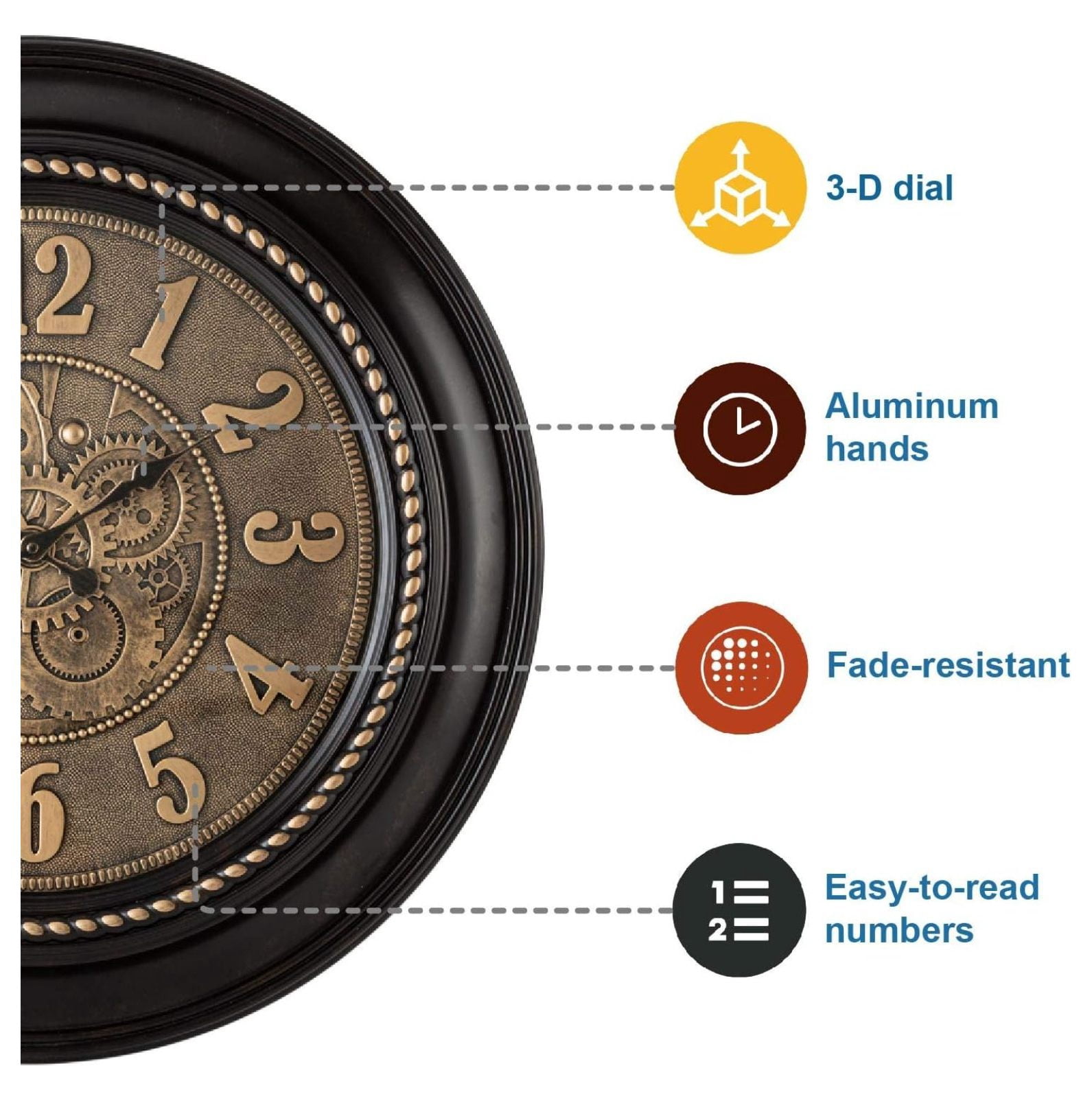 Rodalben Giant Decorative Light-Weight 24-inch Wall Clock Silent, Non-Ticking, 3-D Aluminum Dial, Easy-to-Read, Quartz Battery Operated, Glass Face Cover Bronze