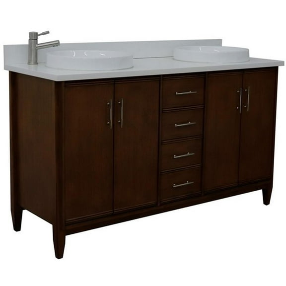 MCM 61" Double Round Sink Vanity with White Quartz Stone in Walnut