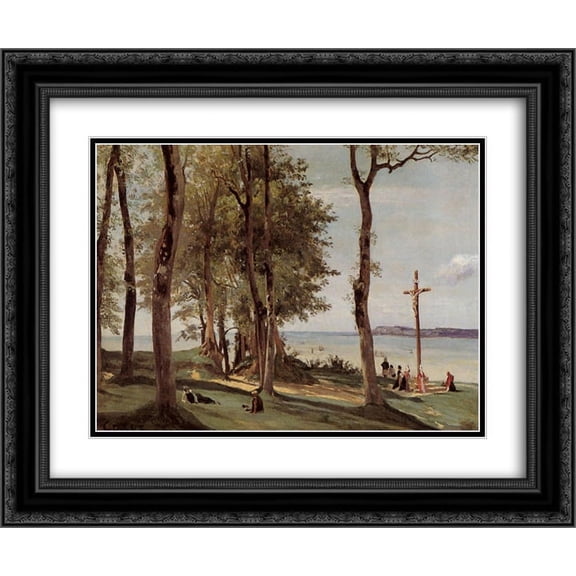 Jean Corot 2x Matted 24x20 Black Ornate Framed Art Print 'Honfleur ' Calvary on the Cote de Grace'