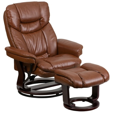 Flash Furniture Contemporary Leather Recliner and Ottoman with Swiveling Mahogany Wood Base, Multiple
