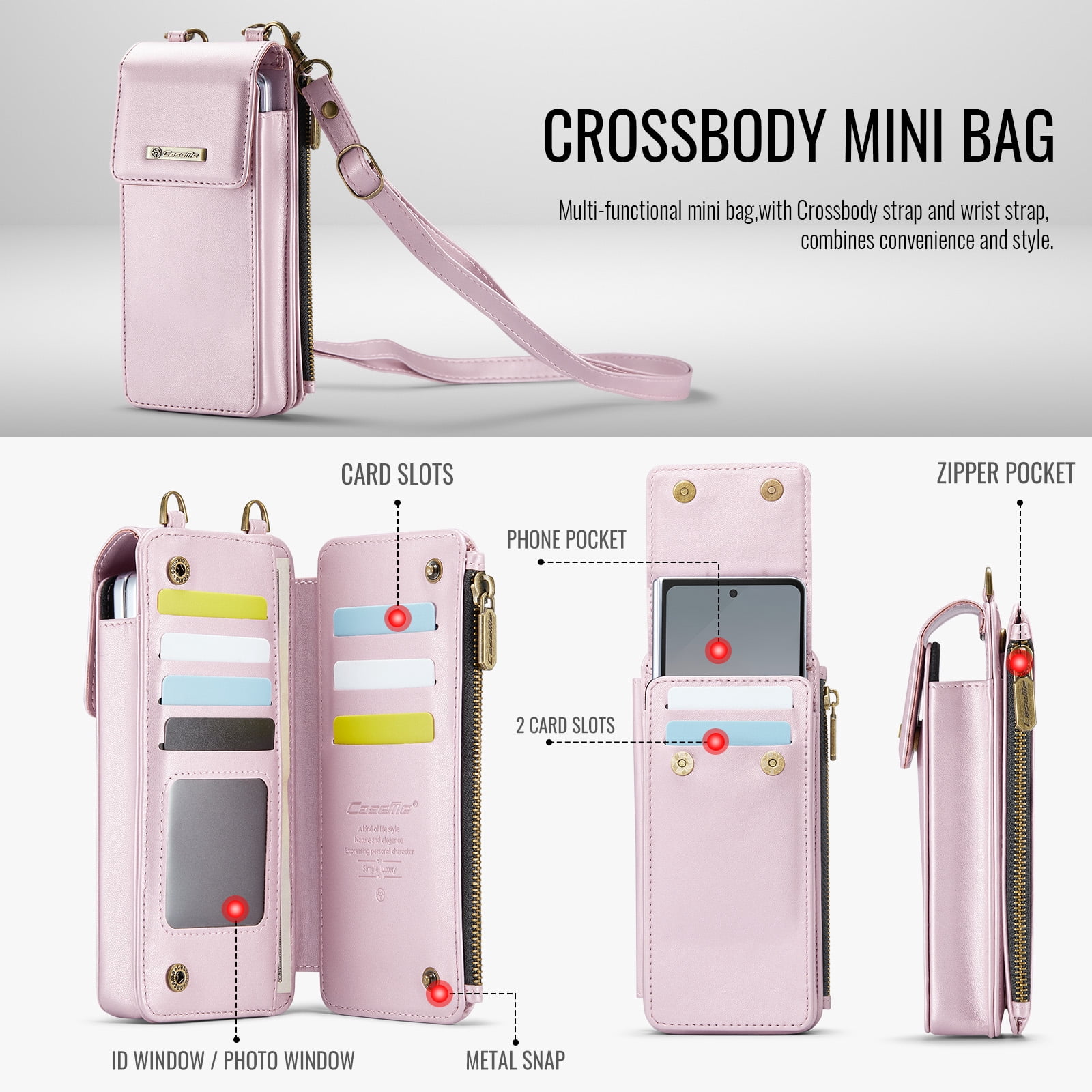 Crossbody Phone Bag Purse Wallet Case for iPhone/Galaxy/Pixel Series Cell Phones (Less Than or Equal to 7.6"), with Shoulder/Wrist Strap Lanyard, RFID Blocking Credit Card Slots, PU Leather Bag, Pink