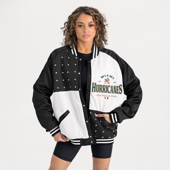 Women's Gameday Couture Black Miami Hurricanes Oversized Inner Drive Varsity Rhinestone Full-Snap Bomber Jacket