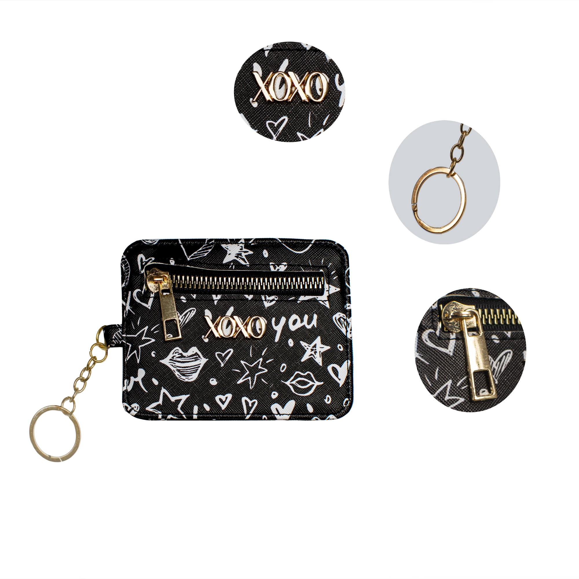 XOXO Women’s Mini Black Graffeti Print Saffiano Leather Key Card ID Coin Case Wallet