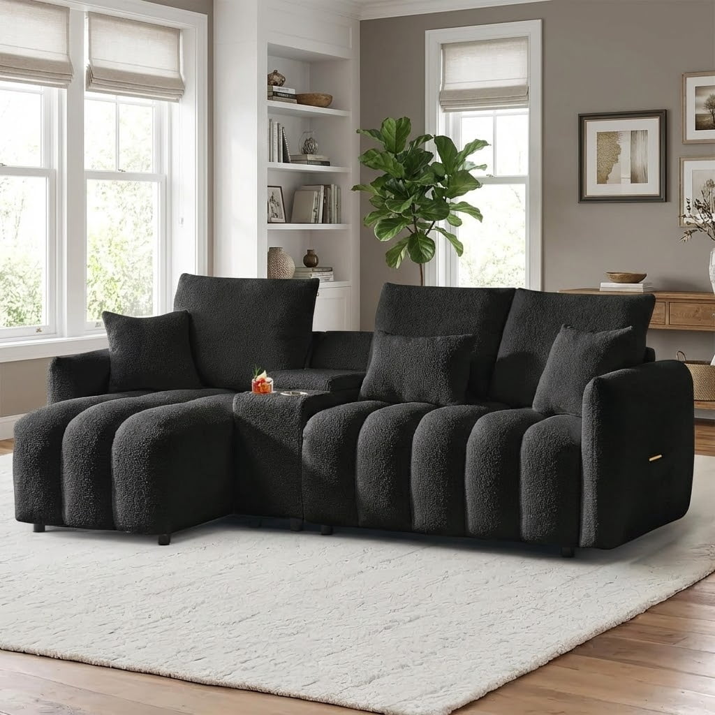 Xiweot 91" Modular Sectional Sofa, L Shape Sofa Sectional Couch with Deep Seat, Teddy Fabric Cloud Comfy Sectional Couches with Cup Holder & Storage for Living Room & Apartment