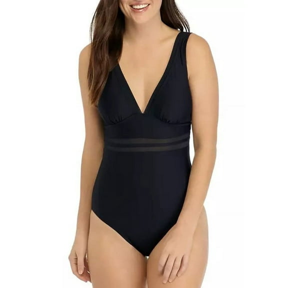 Tommy Hilfiger BLACK Mesh-Trim Plunge One-Piece Swimsuit, US 8