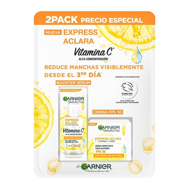 GARNIER Express Aclara, Sérum Anti Manchas, Crema Hidratante Tono Uniforme, Vitamina C, 2 PZS